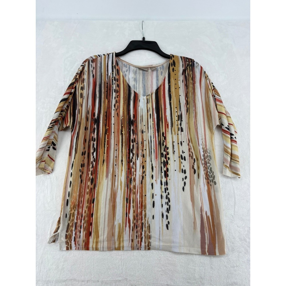 Chico's Blouse Womens 1 Top Multicolor Abstract Stripe Studded V-Neck 3/4 Sleeve